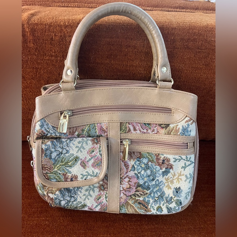 Vintage Floral Tapestry Satchel Handbag in Taupe